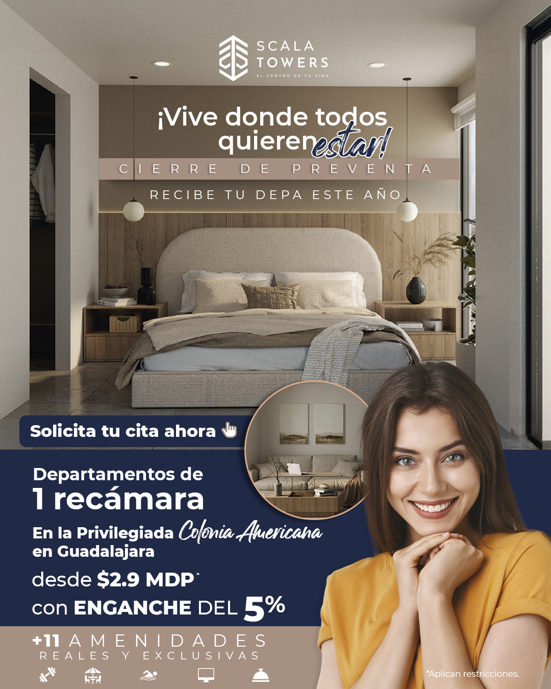 Departamento en preventa de 1 Recamaras en Scala Towers- Torre Central Guadalajara