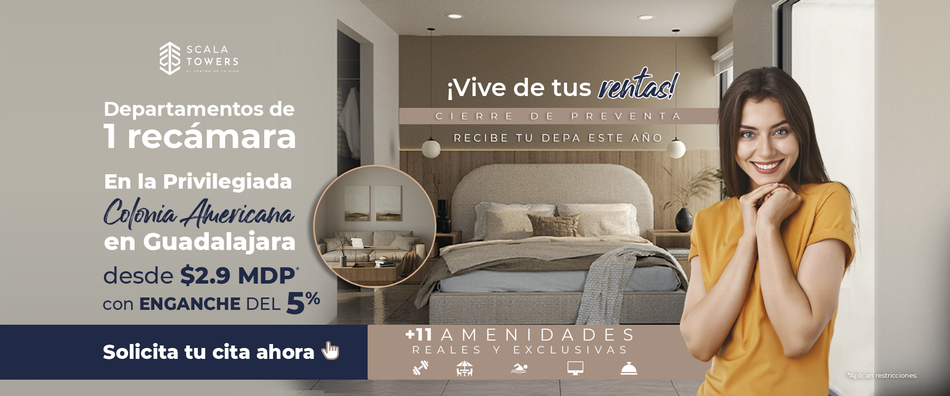 Departamento en preventa de 1 Recamaras en Scala Towers- Torre Central Guadalajara